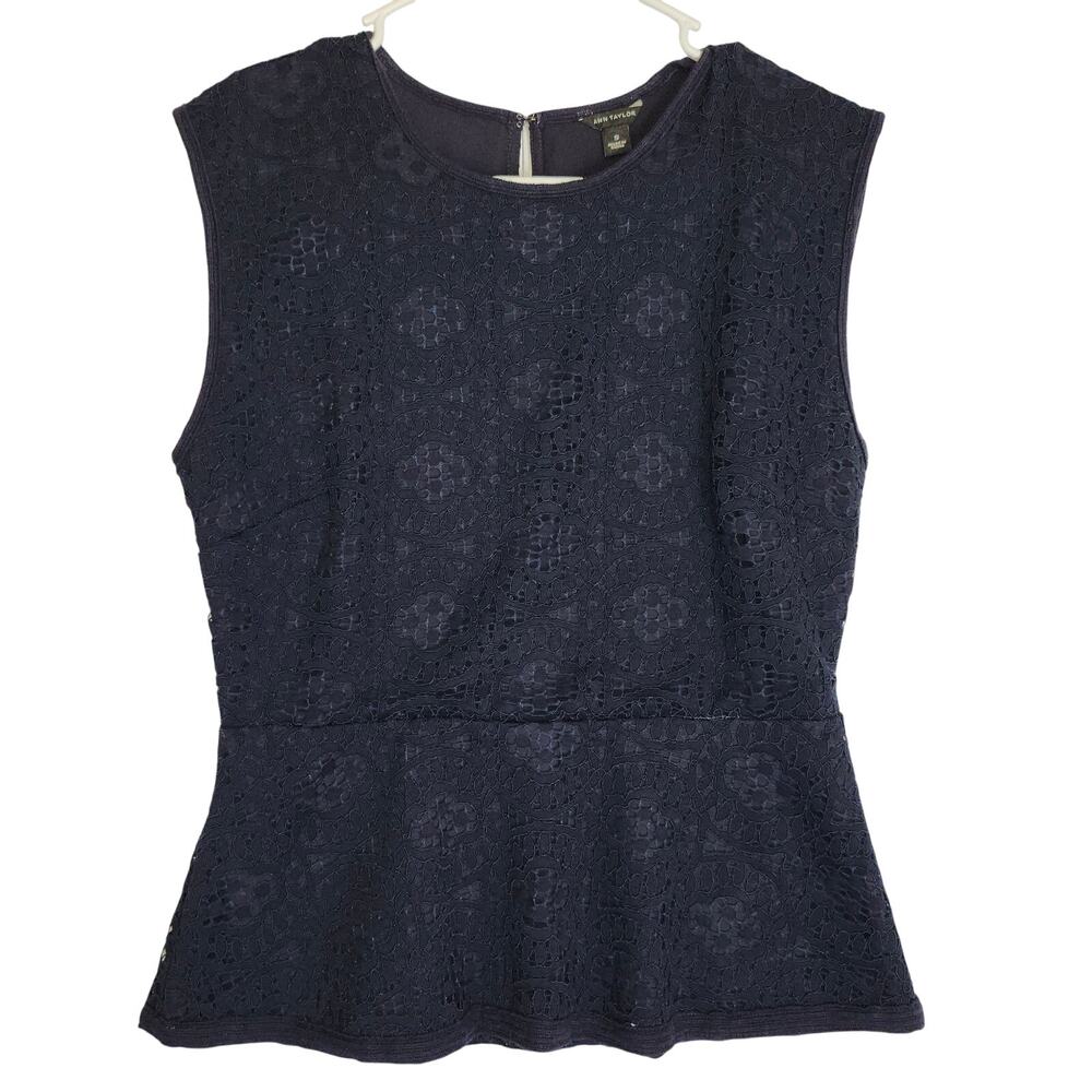 Ann Taylor Women's Navy Blue Pleated Sleeveless Lace Top, Size S
